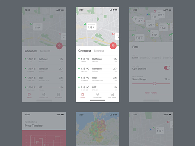 Fuel App | Prototype analytics animation app bottom sheet design filter flat fuel gas gas station graph ios list map minimal mobile red typography ui ux