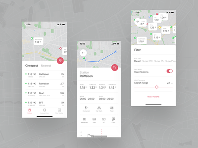 Fuel App | Light Mode app bottom sheet design filter flat fuel gas gas station graph icon ios list map minimal mobile red typography ui ux