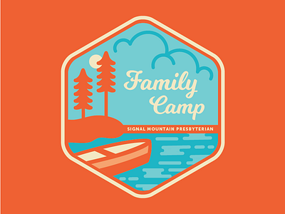 Family Camp WIP badge boat branding church clouds flat logo reflection retro summer trees water