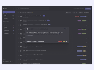 Notifications management dashboard components dark theme dashboard list product design ui ux