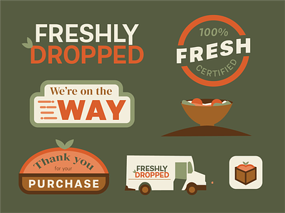 Freshly Dropped Marks + Stickers app branding delivery design food graphic design identity illustration stickers ui vector