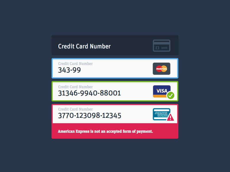 Inline Credit Card Detection & Validation design intuitive company input fields forms credit cards ui errors iconography