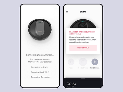Shark - Robot Feedback 3d 3d animation clean connecting design error loading loading animation mobile design mobile ui mobile ux robot support vacuum vacuum cleaner