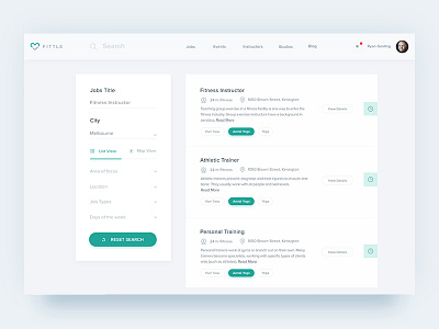 Jobs Search List View article dashboard events fitness instructor jobs studio ui ux