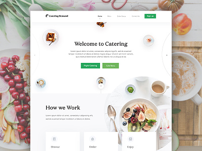 Catering Demand Homepage Design Full View button catering design flying food menu navigation restaurant site theme typography wood