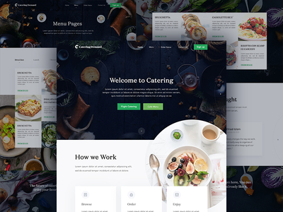 Catering Homepage Design Dark button catering design flying food menu navigation restaurant site theme typography wood