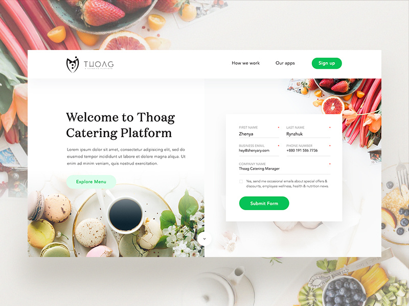 Thoag Catering Homepage Design Exploration - 02 wood typography theme site restaurant navigation menu food flying design catering button