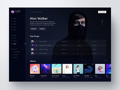 Music UI Design Artist Page album application ui artist page design interface desktop app discover music now playing view player radio popular album popular genres singer time off top songs your music your playlist