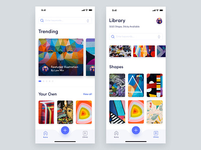 Coloring Application Design app app design coloring app design home screeen interface design ios library screen minimal navigation bar shapes trending ui ux