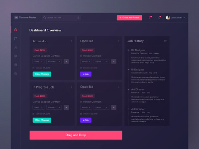 Dark Marketplaces Dashboard Design active job attorneys cryptocurrency dark web app dashboard design dashboard overview desktop application drag and drop in progress job interface design job history logout marketplace marketplace dashboard design message screen open bid profile screen support web application