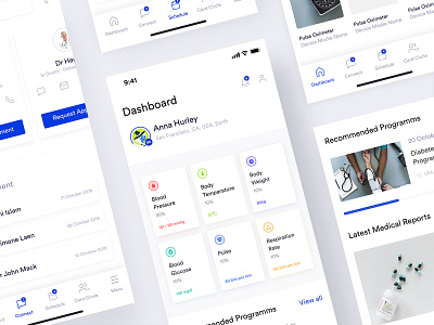 Healthcare Engagement Application Exploration app app design appointment blood glucose blood pressure body temperature body weight calories connect screen fat percentage fitness app health app health dashboard health feed page healthcare app link device menu screen parameter health pulse schedule screen