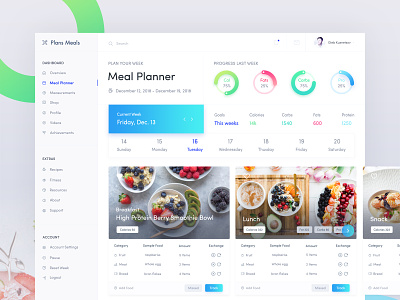 Health Desktop App Meal Planner Exploration blood glucose calories tracker current weeks dashboard desktop application fitness app fitness dashboard fitness diary fitness milestone food diary health app health desktop app health web lost ibs meal planner minimal parameter health pie chart protein work diary