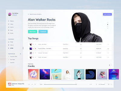 Light Music Artist Page alan walker album application ui artist page cards design interface desktop app desktop application discover music now playing view player radio popular album popular genres top songs your music your playlist
