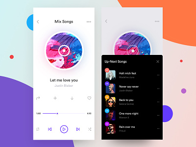 Music App Player & Pop Up Screen album artwork discover music i phone x app interface itunes music app player music experience player design iphone x social media features social music app spottily streaming user experience design user experience designer visual design