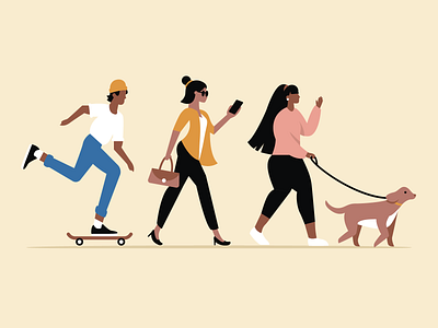 Character Study characters diversity dog illustration people phone skateboard walking