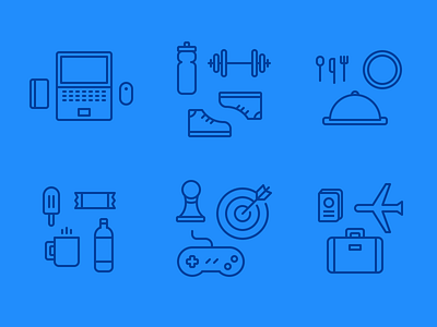 Perks Illustrations airplane apple computer food game gym iconography icons illustration line travel