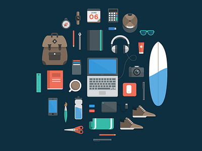 My Freelance Essentials designer essentials feature illustration flat flat icons freelance headphones icon icon deigner icon design icon set iconography laptop marketing illustration personal set surfboard web illustration website website illustration