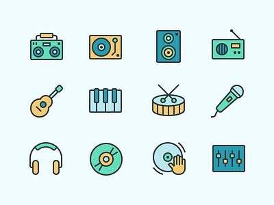 Jam On🤘 boombox color flat guitar headphones icon iconography icons music record set speaker