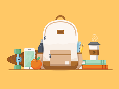 Back to school essentials 📚 backpack books coffee color flat illustration phone school skateboard