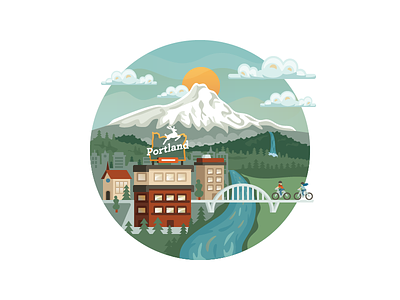 Portlandia badge color illustration illustrator landscape mountain nature portland