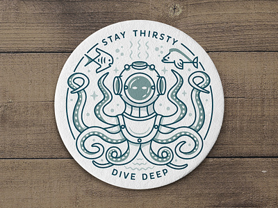 Stay Thirsty, Dive Deep 🍺 badge beer coaster deep sea dive fish octopus