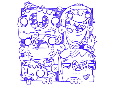 Monster Kids - Sketch WIP 80s 90s blake stevenson cartoon character design costume cute eyes hat hipster illustration jetpacks and rollerskates monsters mouth retro skull smile teeth weird wip