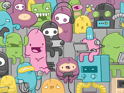 Monsters Playing Video Games blake stevenson cartoons illustration monsters robots skulls video games