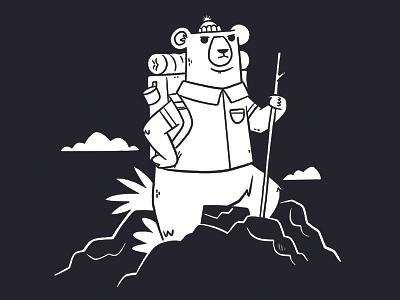 Bear Exploring animal apparel backpack bear blake stevenson camping cartoon character design clouds cute exploring hiking hipster icon illustration jetpacks and rollerskates logo mountain retro rocks