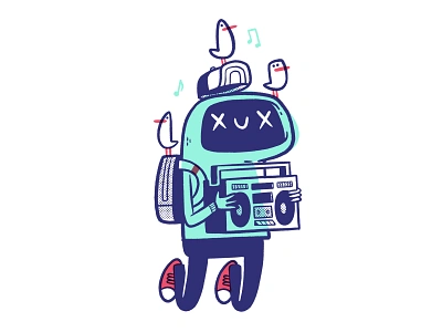 For the Birds, Robot boy happy! 80s backpack birds blake stevenson boombox cartoon character design converse cute hipster hoodie illustration jetpacks and rollerskates music print retro shoes simple stereo