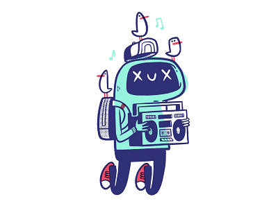 For the Birds, Robot boy happy! 80s backpack birds blake stevenson boombox cartoon character design converse cute hipster hoodie illustration jetpacks and rollerskates music print retro shoes simple stereo