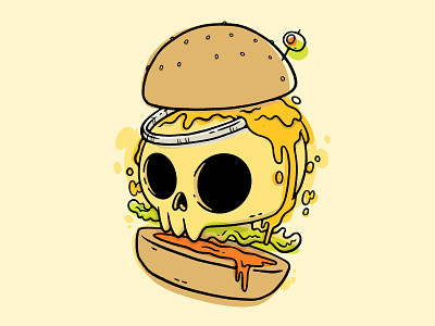 Cheesy Skull Burger 80s animation blake stevenson cartoon character design cheese cute drips food hamburger hand drawn hipster illustration jetpacks and rollerskates logo retro skull slime ui ux