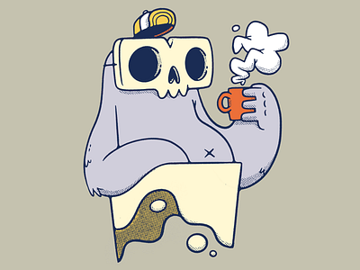 Skull Monster and a Cup of Joe 80s blake stevenson cartoon character design coffee coffee cup cute floating funny hat hipster illustration jetpacks and rollerskates logo mask retro skull ui ux weird