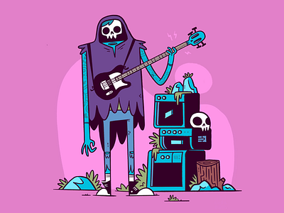 Death Metal Guy 80s blake stevenson cartoon character design cute guitar hipster illustration jetpacks and rollerskates metal music retro rock and roll rockstar silly skeleton skull ui ux weird
