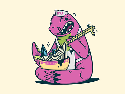 Kaiju's Ramen (based on mighty jaxx figure) 80s blake stevenson cartoon character design cute food hipster illustration jetpacks and rollerskates kaiju lizard ramen retro skull