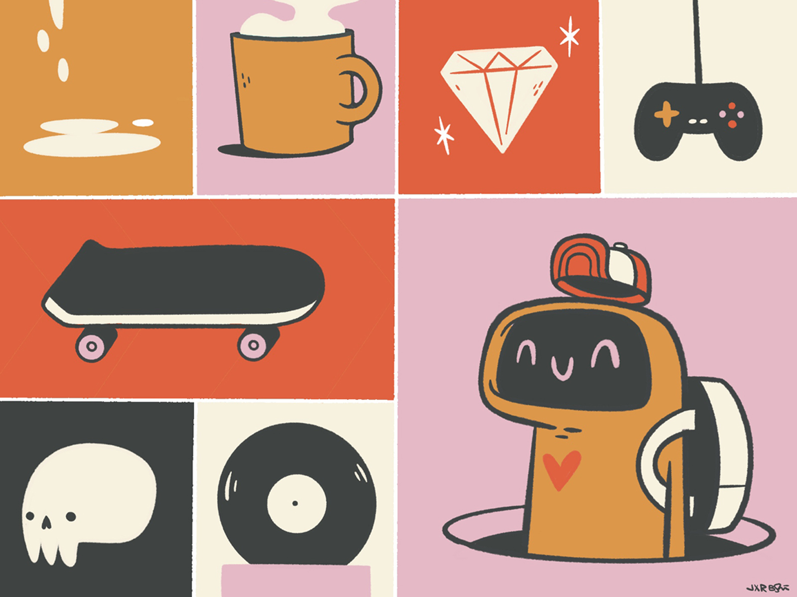 A Bunch of Things I Like apparel lifestyle silly ux hat record diamond video games ui coffee skull skateboard hipster cartoon retro cute character design blake stevenson jetpacks and rollerskates illustration