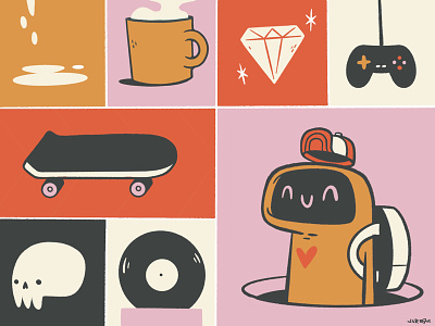 A Bunch of Things I Like apparel blake stevenson cartoon character design coffee cute diamond hat hipster illustration jetpacks and rollerskates lifestyle record retro silly skateboard skull ui ux video games