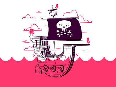Pirate Ship birds blake stevenson boat cartoon character design clouds cute hipster illustration jetpacks and rollerskates ocean pirate retro silly simple skull ui ux water waves