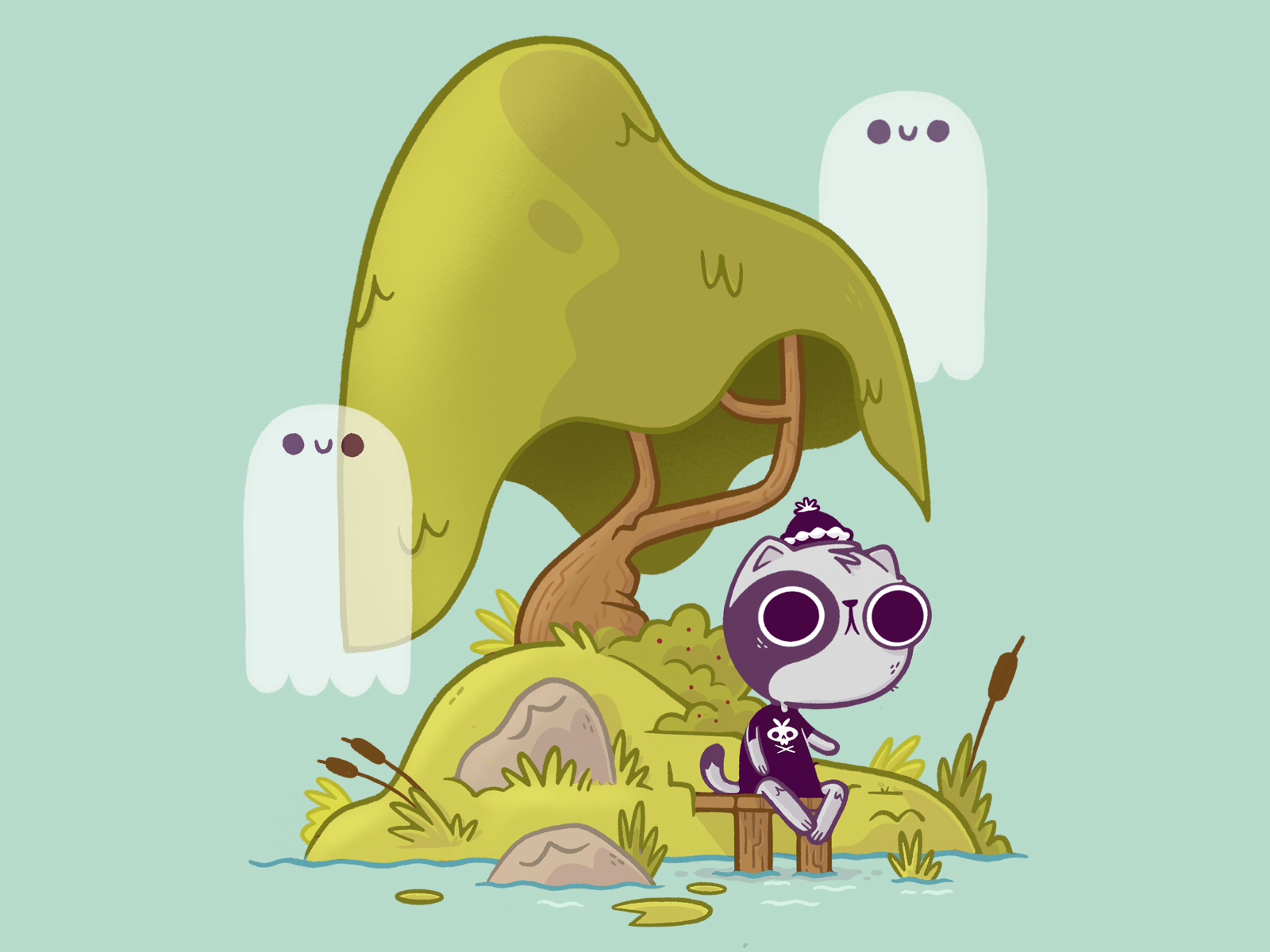 kitty on ghost island (colours) 80s blake stevenson cartoon cat character design cute forest ghosts hipster illustration island jetpacks and rollerskates lake retro rock skull trees ui uiux video game