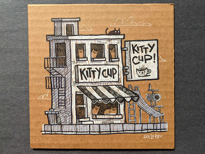 Kitty Cup, Kitty Cat Cafe blake stevenson building cafe cardboard cartoon cat character design coffee cute design illustration jetpacks and rollerskates kitty logo retro