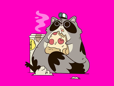 Raccoon Eating Pizza and Drinking Coffee animal blake stevenson cartoon character design coffee concept art cute design hipster illustration jetpacks and rollerskates logo pizza raccoon retro silly
