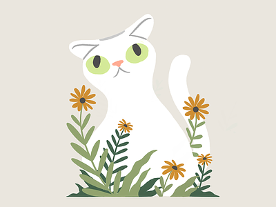 Cat in the bushes animal baby room blake stevenson cartoon cat character design colours cute design illustration jetpacks and rollerskates muted neutral plants poster print retro