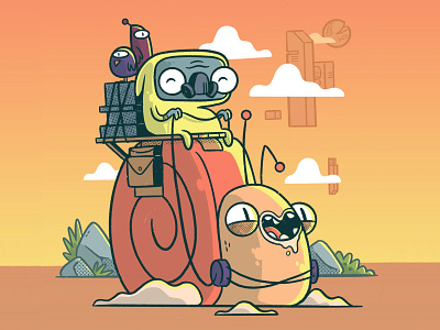 Post Apocalyptic Snail Rider. In color blake stevenson cartoon character design color cute design gas mask illustration jetpacks and rollerskates logo retro ui
