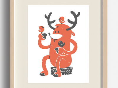 Adorable Silkscreened Deer Art Print animal birds character design cute deer illustration jetpacks and rollerskates kids kids illustration retro silkscreen toronto