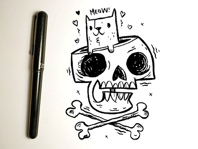 Cute Kitty Perched in Skull and Cross Bones animal cartoon cat character design cute illustration jetpacks and rollerskates kids kitty pen and ink skull