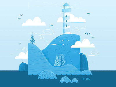Lighthouse (blue overlay) birds cartoon childnren book hipster illustration island jetpacks and rollerskates kids book lighthouse trees