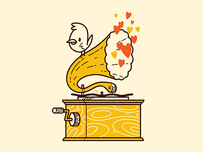 Phonograph and the Bird bird cute hearts illustration jetpacks and rollerskates love music phonograph record