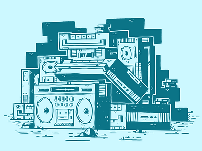 Stack of Boomboxes 80s boombox cassette hipster illustration jetpacks and rollerskates music one colour street art tape