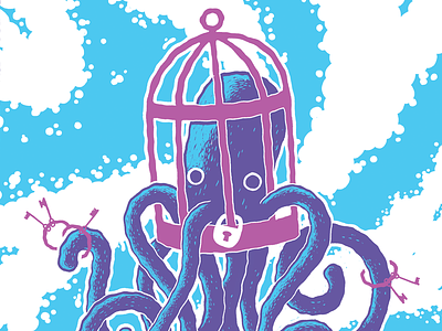 Caged Octopus Print adorable art print blake stevenson illustration jetpacks and rollerskates jetpacksandrollerskates octopus poster art sea squid water