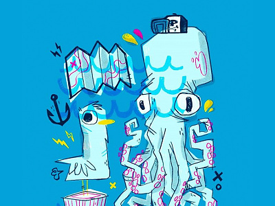 Octopus Bird Sketch anchor blake stevenson cartoon character design hat hipster jetpacks and rollerskates octopus retro seagull skull toronto treasure map