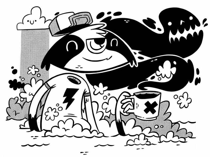 Raccoon Jacked Up On Caffeine (Inked Up) graffiti 80s 90s retro silkscreen skateboarding slime water lightning cute coffee monster hipster cartoon character design jetpacks and rollerskates illustration